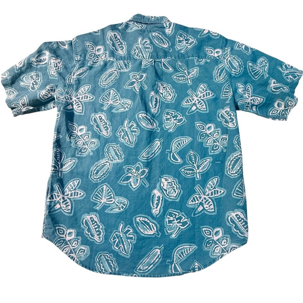 Bugle Boy Shirt Mens Medium Teal Tropical Floral Ramie Cotton Short Sleeve